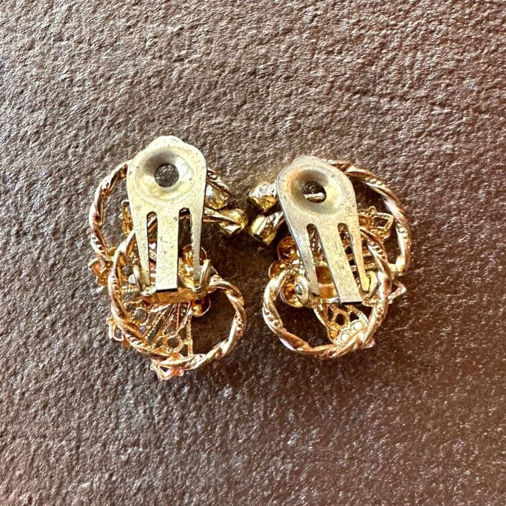 Vintage Pink & Gold Clip-On Earrings Rhinestone & Enamel Floral Made In Austria - Picture 3 of 10